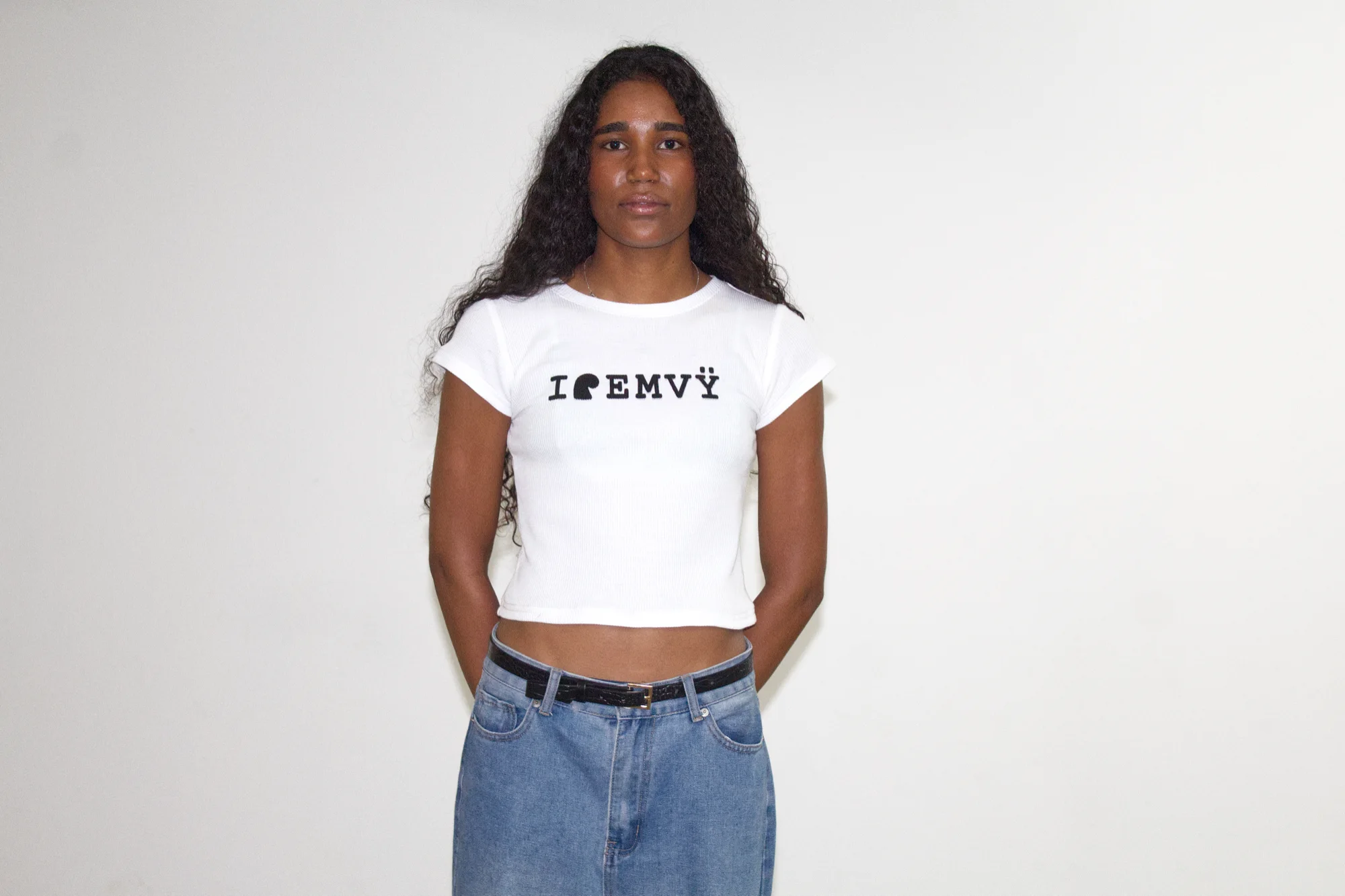 White waffle I love EMVŸ baby tee worn front-on