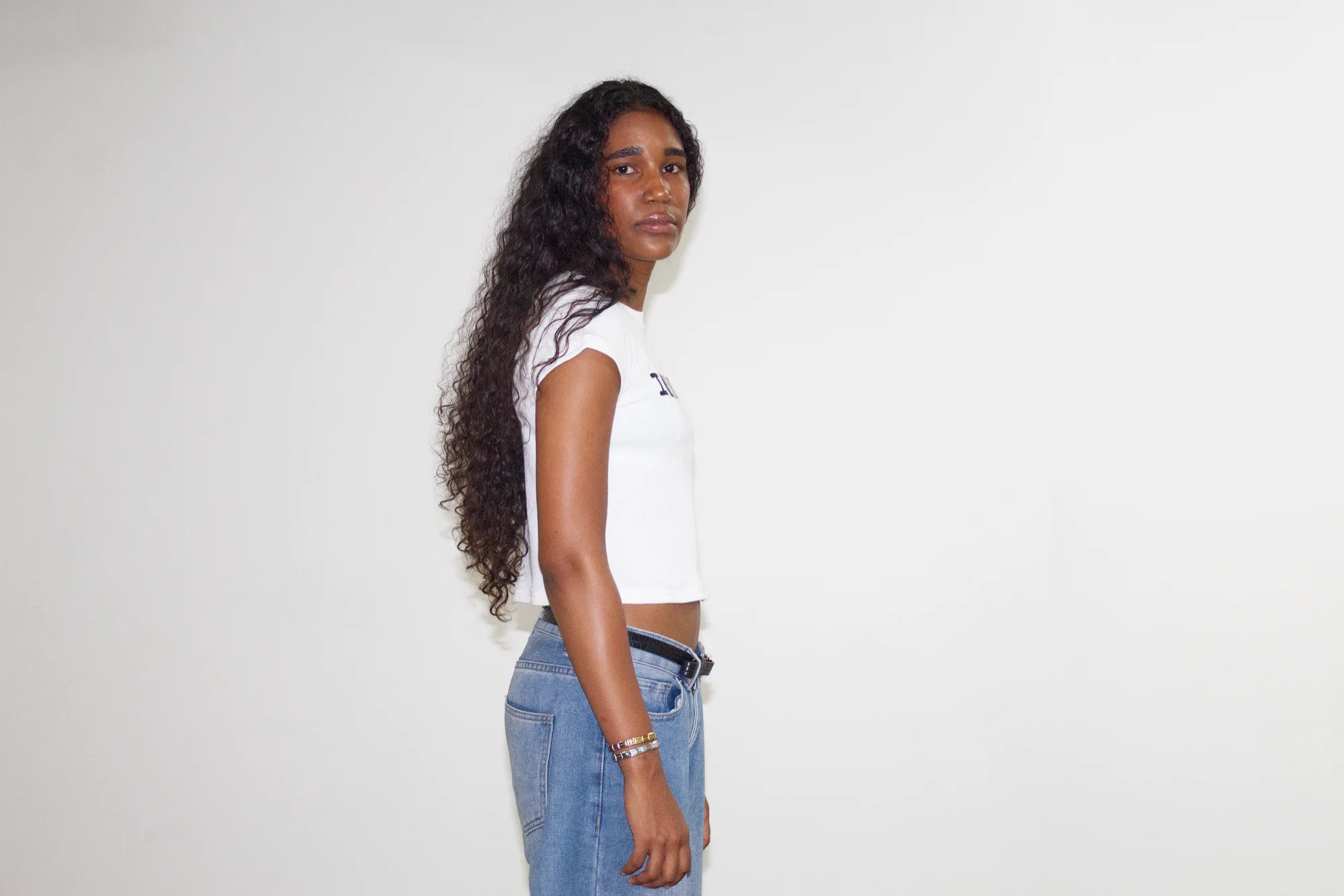White waffle I love EMVŸ baby tee in profile