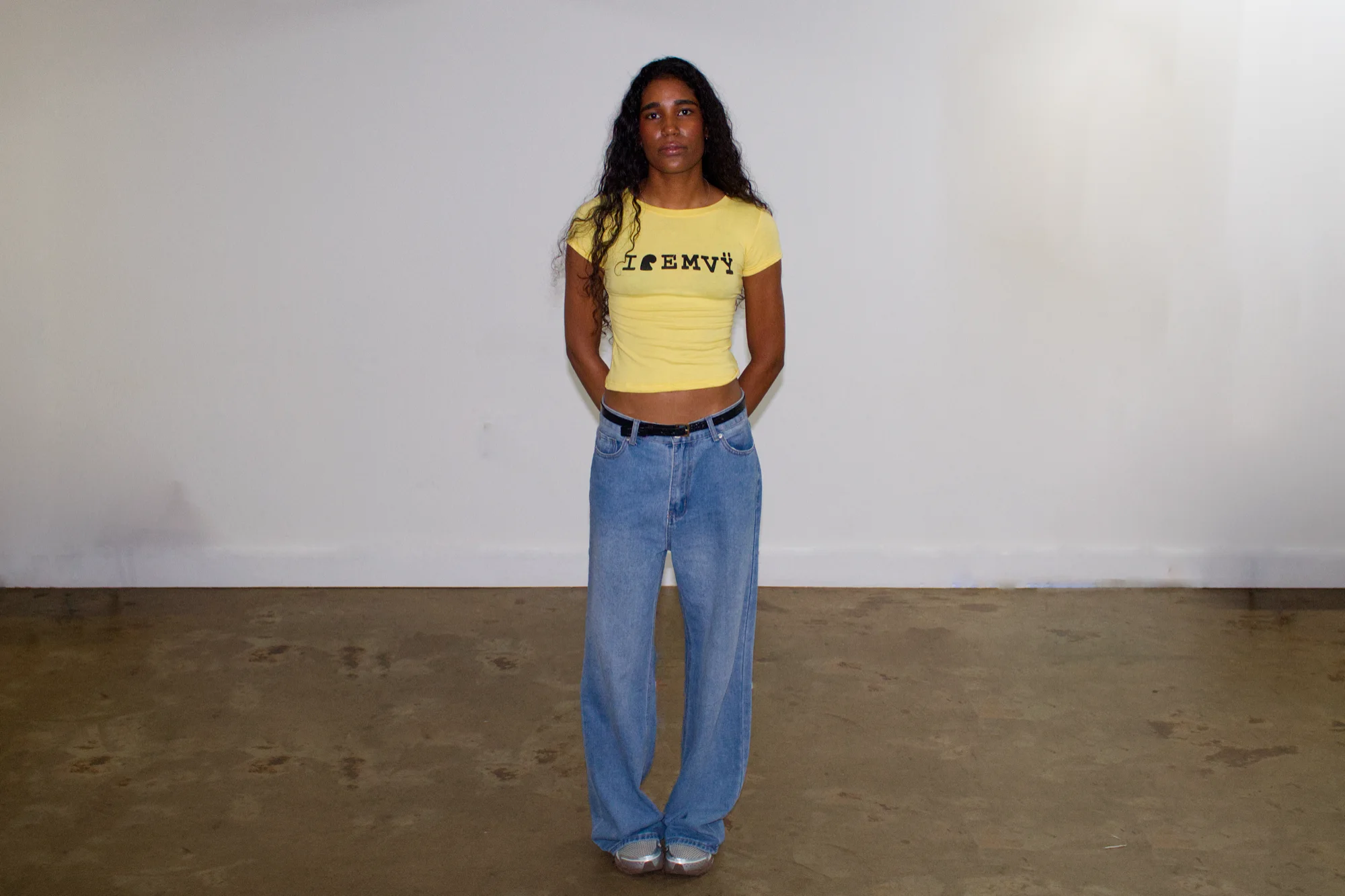 Yellow I love EMVŸ baby tee full length