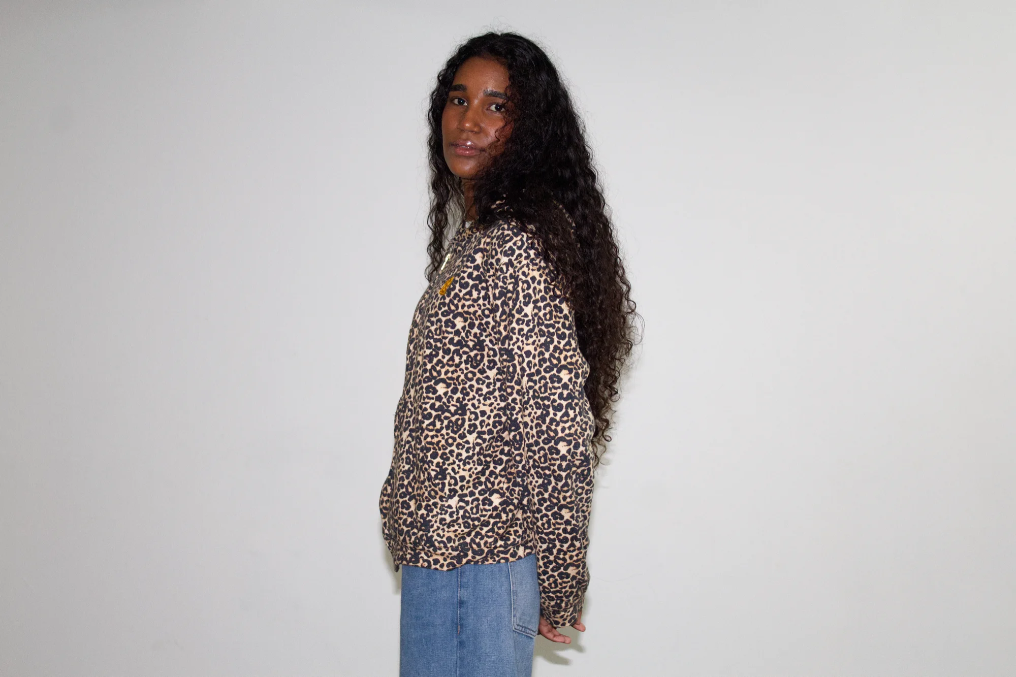 Leopard-print EMVŸ cheater hoodie from the other side
