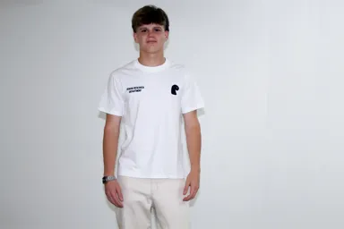 HRD T-shirt worn front-on, Human Research Department embroidery and the EMVŸ mark on the chest